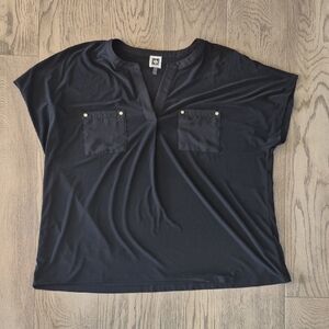 Anne Klein Black Short Sleeve V-Notch Pocket Tunic